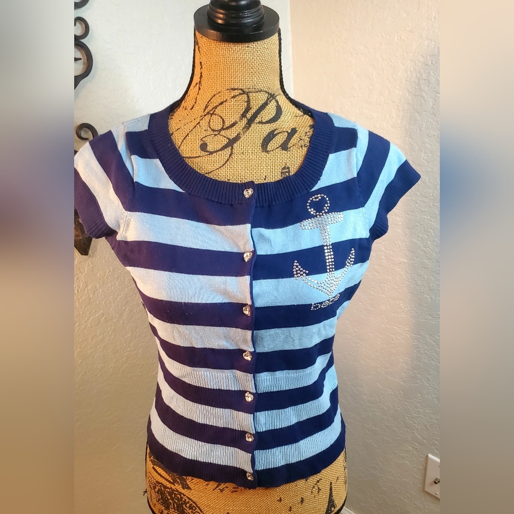 Bebe Navy and Light Blue Striped Cardigan